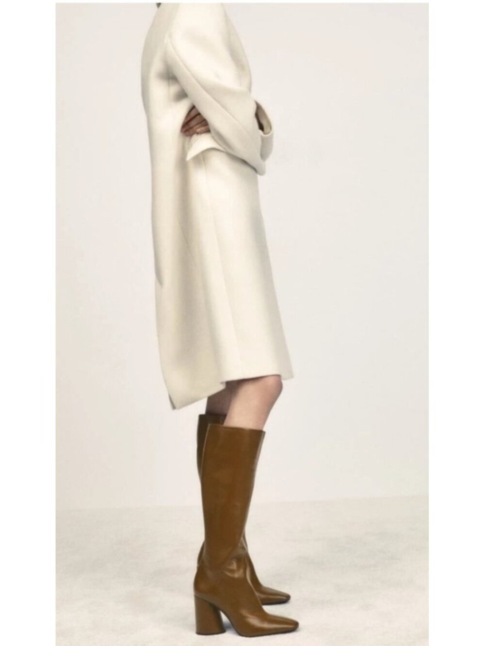 ZARA Camel Brown Leather Knee High Boots Block Heel Square Toe Women's EU 40US 9